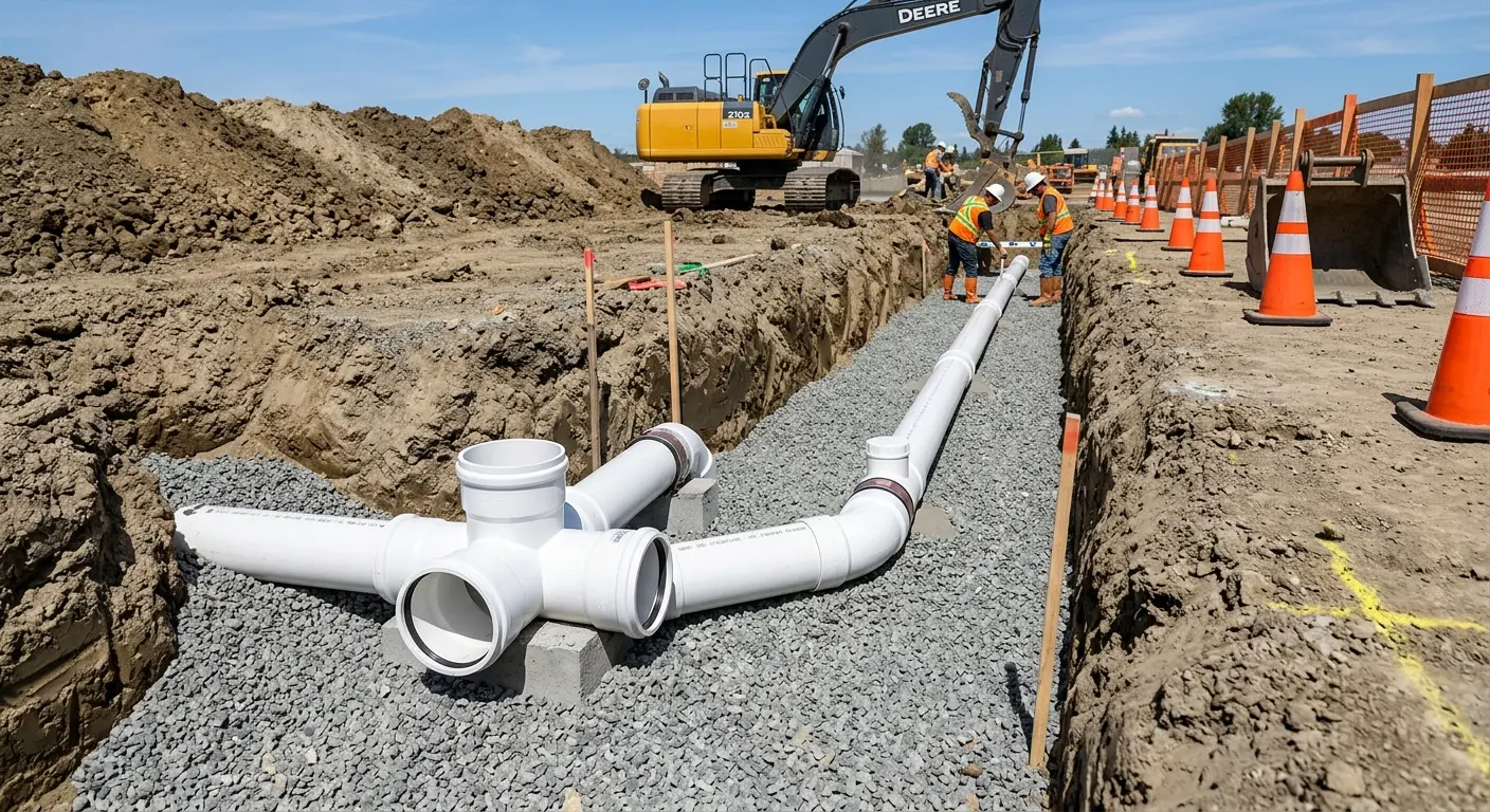 New PVC sewer pipe installation in open trench for Commercial Drain Cleaning in Junction City